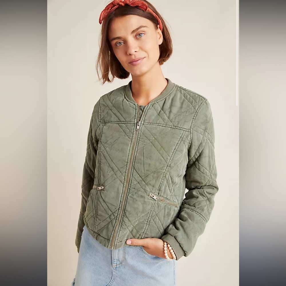 Anthropologie Olive Green Quilted Bomber Jacket